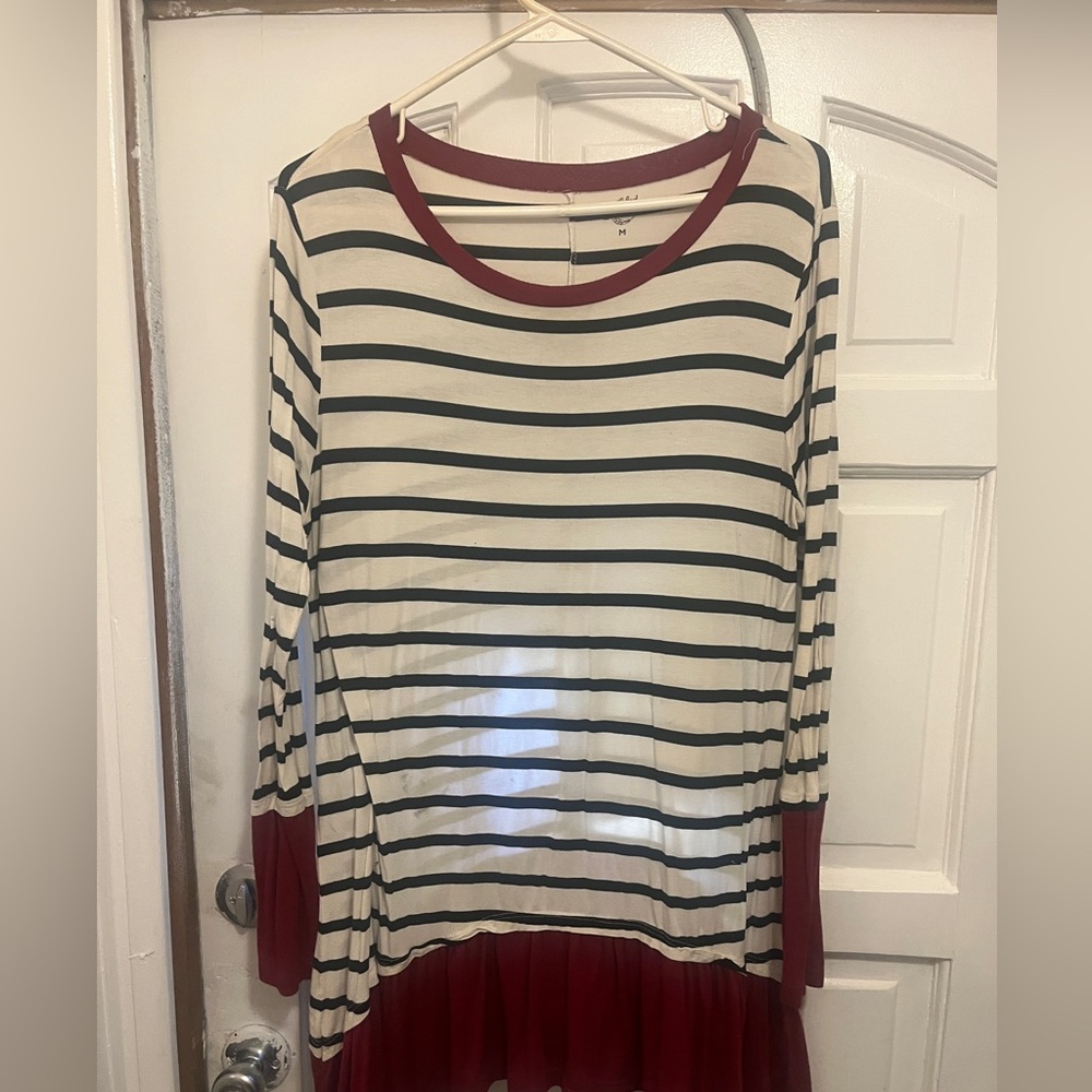 Tickled Teal Striped Long Sleeve Top with Burgundy Accents